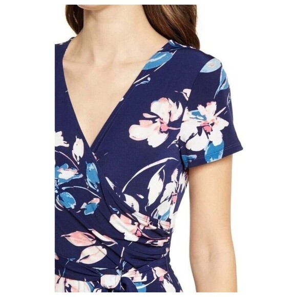 Eliza J Maxi Dress Sz 6 Faux Wrap Long Jersey Stretch Blue Floral Short Sleeve - Picture 2 of 15